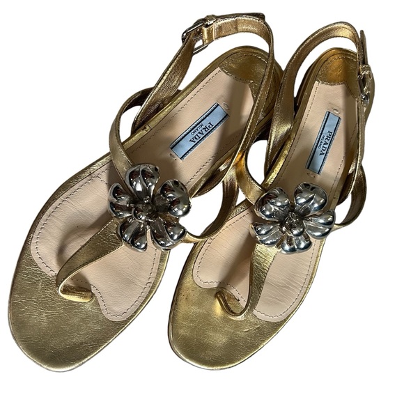 Prada Gold & Silver Large Flower Sandals Sz 38 - Picture 4 of 8